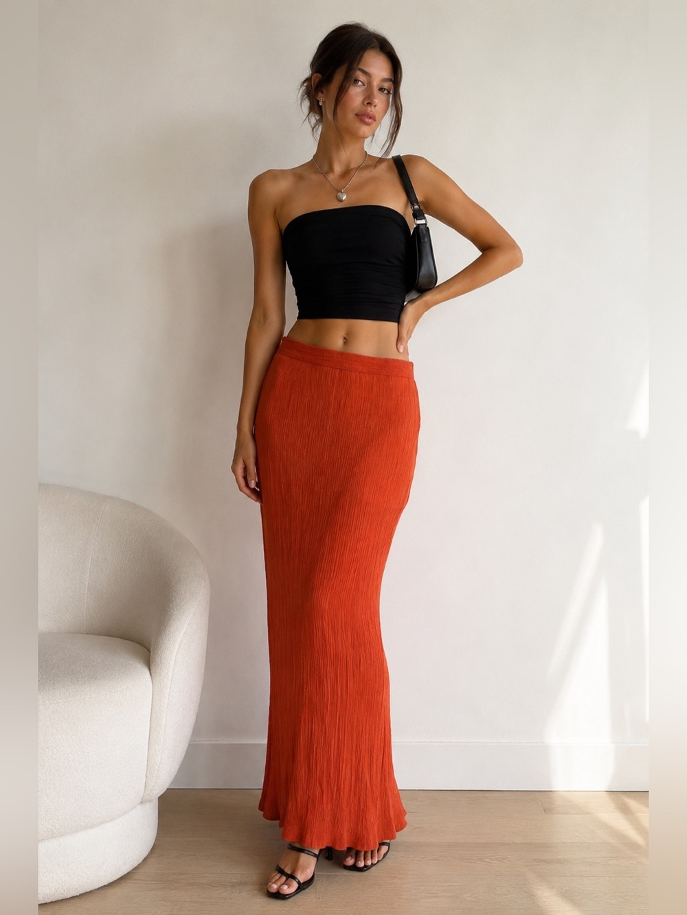 Vintage Jean Paul Gaultier Femme Orange Crinkle Maxi Skirt IT 40 US 6